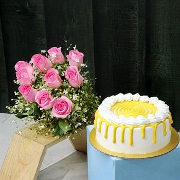 10 Pink Roses Bunch with Half Kg Butterscotch Cake