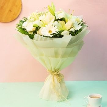  8 White Gerberas and 4 White Lilies Bunch